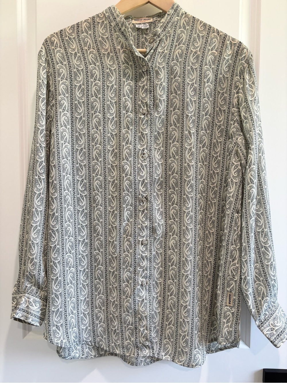 Vintage 80’s Guess Women's Paisley Stripe Blouse - Gray & White